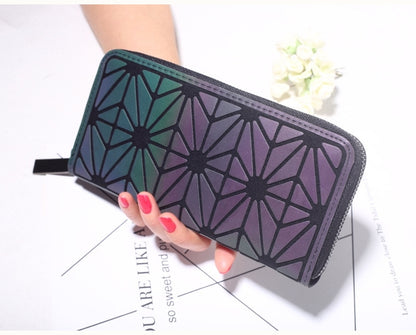 Women Geometry Three Folds Wallets Women Long Wallet Purse Luminous Zipper Ladies Clutch Bag Female Card Holder Carteira