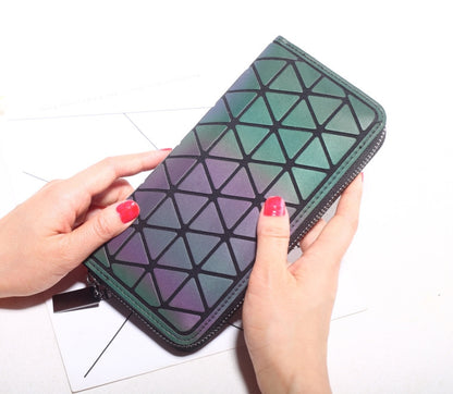 Women Geometry Three Folds Wallets Women Long Wallet Purse Luminous Zipper Ladies Clutch Bag Female Card Holder Carteira