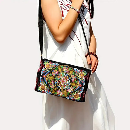 Women's Embroidered Flowers Nylon Crossbody Bag