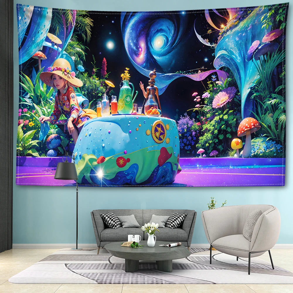 Cartoon Mushroom Forest Tapestry