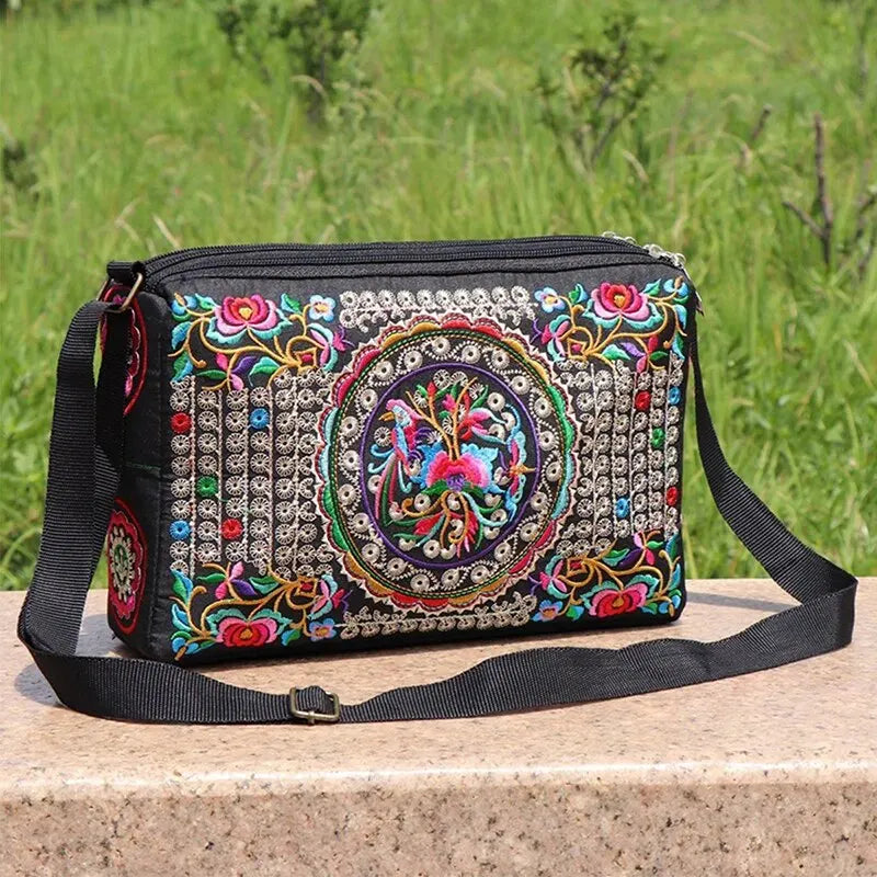 Women's Embroidered Flowers Nylon Crossbody Bag