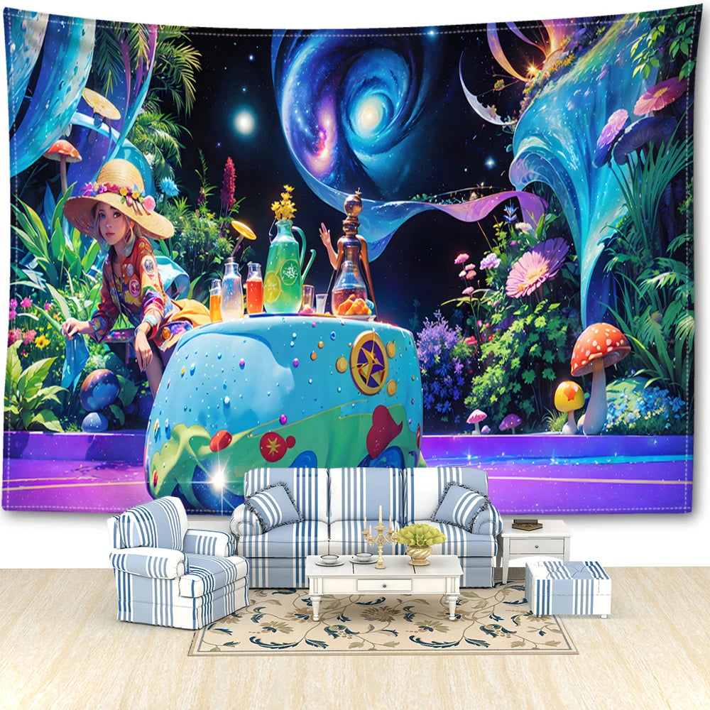 Cartoon Mushroom Forest Tapestry