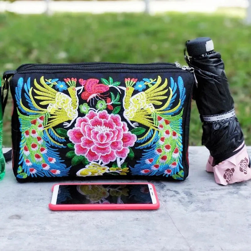 Women's Embroidered Flowers Nylon Crossbody Bag