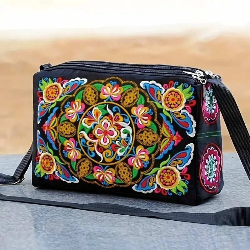 Women's Embroidered Flowers Nylon Crossbody Bag