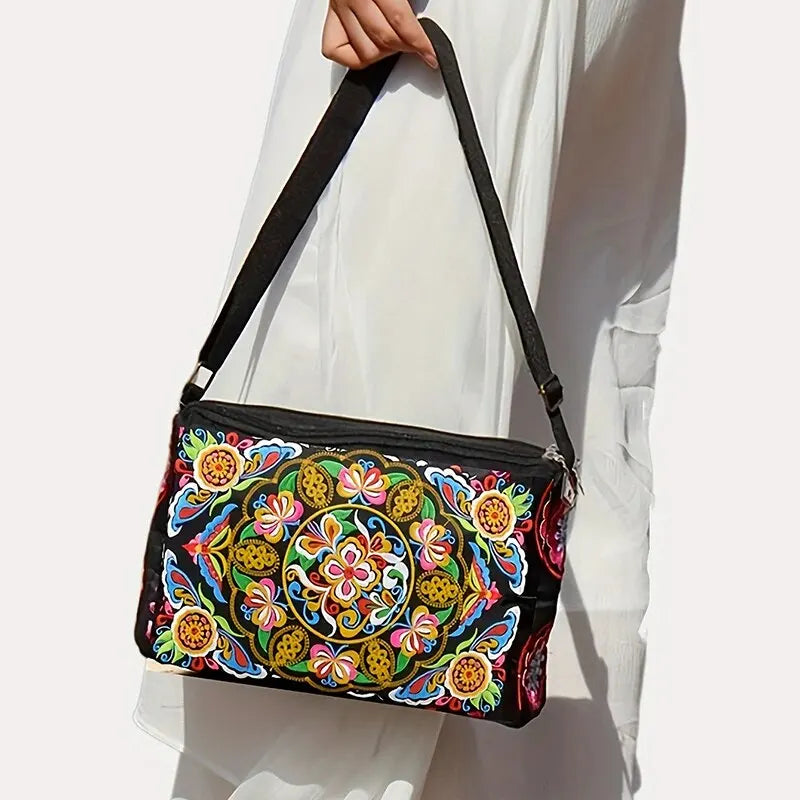 Women's Embroidered Flowers Nylon Crossbody Bag