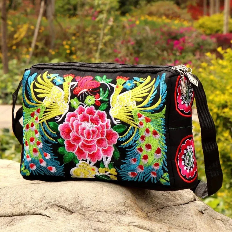 Women's Embroidered Flowers Nylon Crossbody Bag