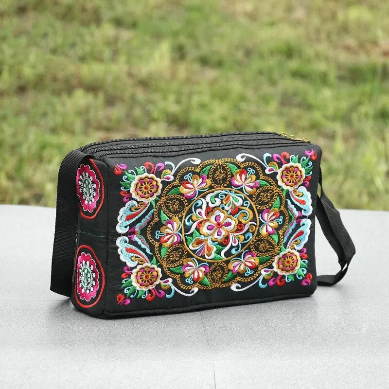 Women's Embroidered Flowers Nylon Crossbody Bag