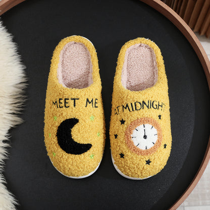 Fashion Moon And Clock Print Home Slippers Winter Warm Floor Bedroom House Shoes For Women